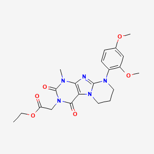 molecular formula C21H25N5O6 B3014132 ethyl 2-(9-(2,4-dimethoxyphenyl)-1-methyl-2,4-dioxo-1,2,6,7,8,9-hexahydropyrimido[2,1-f]purin-3(4H)-yl)acetate CAS No. 877617-06-6