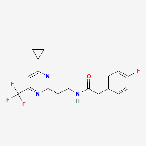 molecular formula C18H17F4N3O B3014186 N-(2-(4-环丙基-6-(三氟甲基)嘧啶-2-基)乙基)-2-(4-氟苯基)乙酰胺 CAS No. 1421585-39-8