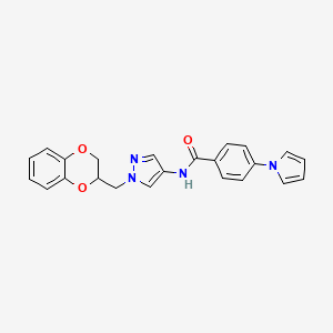 molecular formula C23H20N4O3 B3014256 N-(1-((2,3-dihydrobenzo[b][1,4]dioxin-2-yl)methyl)-1H-pyrazol-4-yl)-4-(1H-pyrrol-1-yl)benzamide CAS No. 1705713-08-1