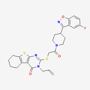 molecular formula C27H27FN4O3S2 B3014284 2-[2-[4-(5-Fluoro-1,2-benzoxazol-3-yl)piperidin-1-yl]-2-oxoethyl]sulfanyl-3-prop-2-enyl-5,6,7,8-tetrahydro-[1]benzothiolo[2,3-d]pyrimidin-4-one CAS No. 690647-02-0