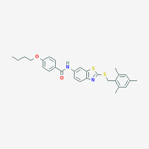 molecular formula C28H30N2O2S2 B301436 4-butoxy-N-{2-[(mesitylmethyl)sulfanyl]-1,3-benzothiazol-6-yl}benzamide 