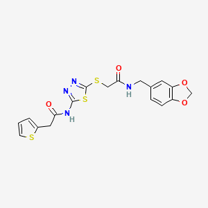 molecular formula C18H16N4O4S3 B3014395 N-(benzo[d][1,3]dioxol-5-ylmethyl)-2-((5-(2-(thiophen-2-yl)acetamido)-1,3,4-thiadiazol-2-yl)thio)acetamide CAS No. 868977-17-7
