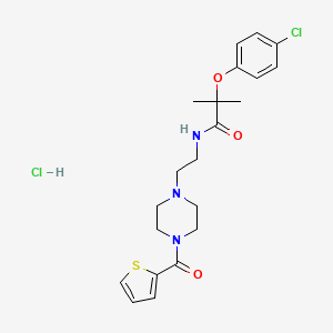 molecular formula C21H27Cl2N3O3S B3014470 2-(4-chlorophenoxy)-2-methyl-N-(2-(4-(thiophene-2-carbonyl)piperazin-1-yl)ethyl)propanamide hydrochloride CAS No. 1351642-96-0