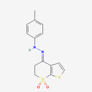 molecular formula C14H14N2O2S2 B3014494 N-[(E)-(7,7-dioxo-5,6-dihydrothieno[2,3-b]thiopyran-4-ylidene)amino]-4-methylaniline CAS No. 338749-51-2
