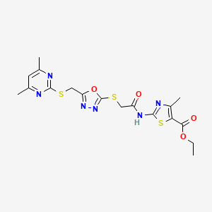 molecular formula C18H20N6O4S3 B3014503 2-(2-((5-(((4,6-二甲基嘧啶-2-基)硫代)甲基)-1,3,4-恶二唑-2-基)硫代)乙酰氨基)-4-甲基噻唑-5-甲酸乙酯 CAS No. 494825-99-9
