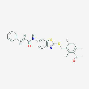 molecular formula C28H26N2O2S2 B301453 N-{2-[(3-acetyl-2,4,6-trimethylbenzyl)sulfanyl]-1,3-benzothiazol-6-yl}-3-phenylacrylamide 