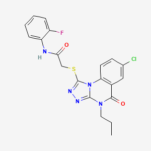 molecular formula C20H17ClFN5O2S B3014564 2-((7-chloro-5-oxo-4-propyl-4,5-dihydro-[1,2,4]triazolo[4,3-a]quinazolin-1-yl)thio)-N-(2-fluorophenyl)acetamide CAS No. 1110963-27-3