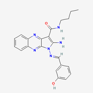 molecular formula C22H22N6O2 B3014595 (E)-2-amino-N-butyl-1-((3-hydroxybenzylidene)amino)-1H-pyrrolo[2,3-b]quinoxaline-3-carboxamide CAS No. 839699-51-3