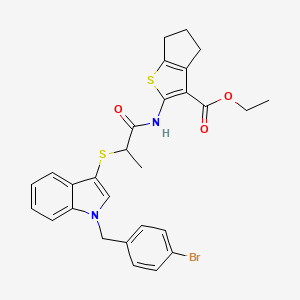 molecular formula C28H27BrN2O3S2 B3014596 ethyl 2-(2-((1-(4-bromobenzyl)-1H-indol-3-yl)thio)propanamido)-5,6-dihydro-4H-cyclopenta[b]thiophene-3-carboxylate CAS No. 681274-67-9
