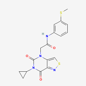 molecular formula C17H16N4O3S2 B3014597 N-{5-[(Z)-2-(4-{[(2-methoxyphenyl)amino]sulfonyl}phenyl)vinyl]-3-methylisoxazol-4-yl}cyclopropanecarboxamide CAS No. 1251676-64-8