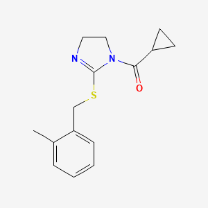 molecular formula C15H18N2OS B3014640 Cyclopropyl-[2-[(2-methylphenyl)methylsulfanyl]-4,5-dihydroimidazol-1-yl]methanone CAS No. 851800-94-7