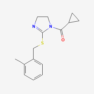 molecular formula C15H18N2OS B3014640 环丙基-[2-[(2-甲苯基)甲硫基]-4,5-二氢咪唑-1-基]甲酮 CAS No. 851800-94-7