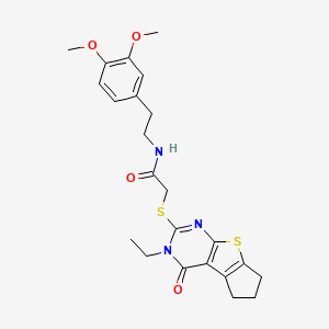 molecular formula C23H27N3O4S2 B3014647 N-[2-(3,4-Dimethoxyphenyl)ethyl]-2-[(11-ethyl-12-oxo-7-thia-9,11-diazatricyclo[6.4.0.02,6]dodeca-1(8),2(6),9-trien-10-yl)sulfanyl]acetamide CAS No. 496028-10-5
