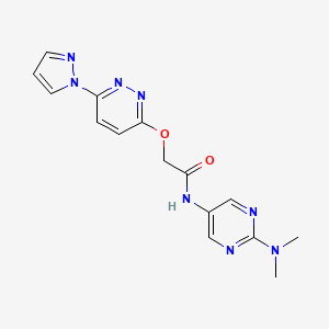 molecular formula C15H16N8O2 B3014723 2-((6-(1H-吡唑-1-基)哒嗪-3-基)氧基)-N-(2-(二甲氨基)嘧啶-5-基)乙酰胺 CAS No. 1428355-25-2