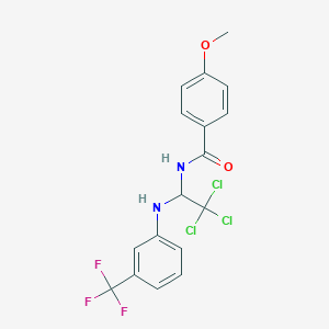 molecular formula C17H14Cl3F3N2O2 B3014731 4-methoxy-N-{2,2,2-trichloro-1-[3-(trifluoromethyl)anilino]ethyl}benzamide CAS No. 302934-85-6