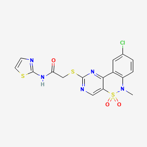 molecular formula C16H12ClN5O3S3 B3014738 2-((9-chloro-6-methyl-5,5-dioxido-6H-benzo[c]pyrimido[4,5-e][1,2]thiazin-2-yl)thio)-N-(thiazol-2-yl)acetamide CAS No. 1111409-00-7