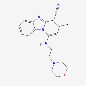 molecular formula C19H21N5O B3014742 11-Methyl-13-{[2-(morpholin-4-yl)ethyl]amino}-1,8-diazatricyclo[7.4.0.0^{2,7}]trideca-2(7),3,5,8,10,12-hexaene-10-carbonitrile CAS No. 305331-49-1