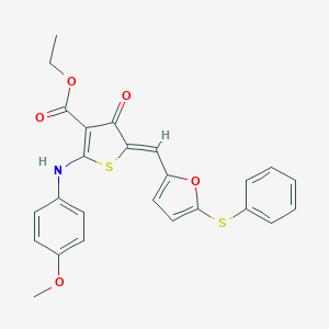 molecular formula C25H21NO5S2 B301485 ethyl (5Z)-2-(4-methoxyanilino)-4-oxo-5-[(5-phenylsulfanylfuran-2-yl)methylidene]thiophene-3-carboxylate 