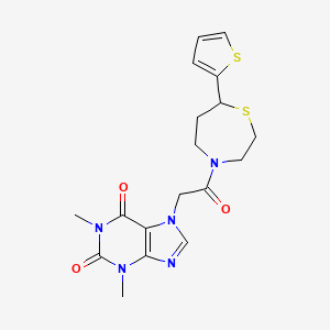 molecular formula C18H21N5O3S2 B3014858 1,3-dimethyl-7-(2-oxo-2-(7-(thiophen-2-yl)-1,4-thiazepan-4-yl)ethyl)-1H-purine-2,6(3H,7H)-dione CAS No. 1704636-83-8