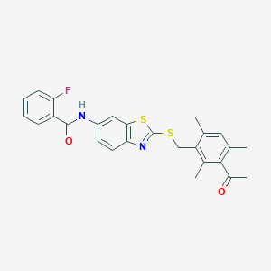 molecular formula C26H23FN2O2S2 B301490 N-{2-[(3-acetyl-2,4,6-trimethylbenzyl)sulfanyl]-1,3-benzothiazol-6-yl}-2-fluorobenzamide 