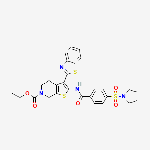 molecular formula C28H28N4O5S3 B3014914 3-(苯并[d]噻唑-2-基)-2-(4-(吡咯烷-1-基磺酰基)苯甲酰氨基)-4,5-二氢噻吩并[2,3-c]吡啶-6(7H)-甲酸乙酯 CAS No. 489471-12-7