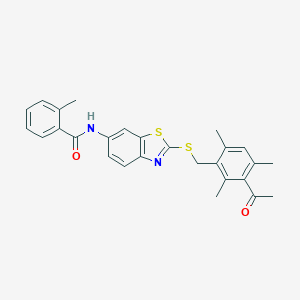 molecular formula C27H26N2O2S2 B301494 N-{2-[(3-acetyl-2,4,6-trimethylbenzyl)sulfanyl]-1,3-benzothiazol-6-yl}-2-methylbenzamide 