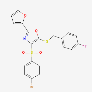 molecular formula C20H13BrFNO4S2 B3014942 4-((4-Bromophenyl)sulfonyl)-5-((4-fluorobenzyl)thio)-2-(furan-2-yl)oxazole CAS No. 686738-34-1