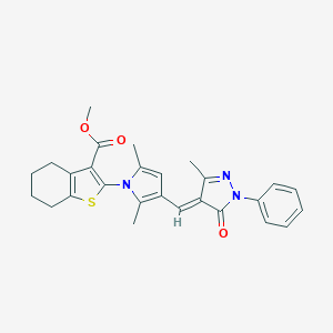molecular formula C27H27N3O3S B301498 methyl 2-{2,5-dimethyl-3-[(3-methyl-5-oxo-1-phenyl-1,5-dihydro-4H-pyrazol-4-ylidene)methyl]-1H-pyrrol-1-yl}-4,5,6,7-tetrahydro-1-benzothiophene-3-carboxylate 
