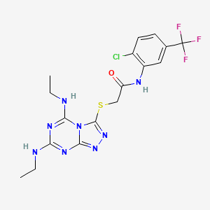 molecular formula C17H18ClF3N8OS B3015062 2-[[5,7-bis(ethylamino)-[1,2,4]triazolo[4,3-a][1,3,5]triazin-3-yl]sulfanyl]-N-[2-chloro-5-(trifluoromethyl)phenyl]acetamide CAS No. 749220-31-3