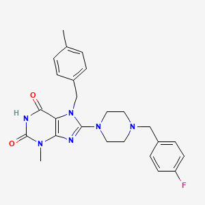 molecular formula C25H27FN6O2 B3015066 8-{4-[(4-Fluorophenyl)methyl]piperazinyl}-3-methyl-7-[(4-methylphenyl)methyl]-1,3,7-trihydropurine-2,6-dione CAS No. 886908-48-1