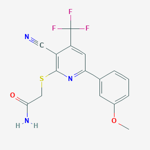 molecular formula C16H12F3N3O2S B3015076 2-{[3-Cyano-6-(3-methoxyphenyl)-4-(trifluoromethyl)pyridin-2-yl]sulfanyl}acetamide CAS No. 625377-09-5