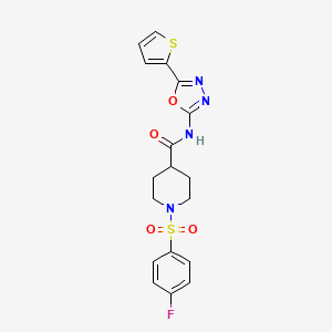 molecular formula C18H17FN4O4S2 B3015077 1-((4-fluorophenyl)sulfonyl)-N-(5-(thiophen-2-yl)-1,3,4-oxadiazol-2-yl)piperidine-4-carboxamide CAS No. 923396-39-8