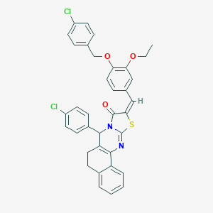 molecular formula C36H28Cl2N2O3S B301510 10-{4-[(4-chlorobenzyl)oxy]-3-ethoxybenzylidene}-7-(4-chlorophenyl)-5,7-dihydro-6H-benzo[h][1,3]thiazolo[2,3-b]quinazolin-9(10H)-one 