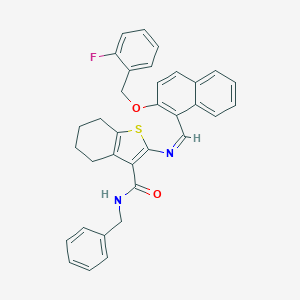 molecular formula C34H29FN2O2S B301518 N-benzyl-2-[({2-[(2-fluorobenzyl)oxy]-1-naphthyl}methylene)amino]-4,5,6,7-tetrahydro-1-benzothiophene-3-carboxamide 