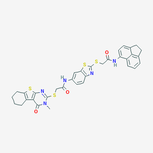 molecular formula C34H29N5O3S4 B301519 N-(2-{[2-(1,2-dihydro-5-acenaphthylenylamino)-2-oxoethyl]sulfanyl}-1,3-benzothiazol-6-yl)-2-[(3-methyl-4-oxo-3,4,5,6,7,8-hexahydro[1]benzothieno[2,3-d]pyrimidin-2-yl)sulfanyl]acetamide 