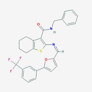 molecular formula C28H23F3N2O2S B301521 N-benzyl-2-[({5-[3-(trifluoromethyl)phenyl]-2-furyl}methylene)amino]-4,5,6,7-tetrahydro-1-benzothiophene-3-carboxamide 