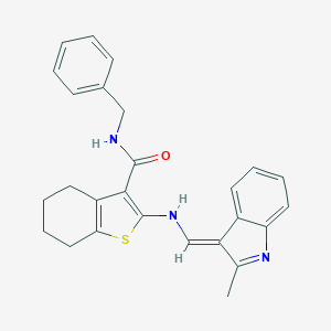 molecular formula C26H25N3OS B301522 N-benzyl-2-[[(E)-(2-methylindol-3-ylidene)methyl]amino]-4,5,6,7-tetrahydro-1-benzothiophene-3-carboxamide 