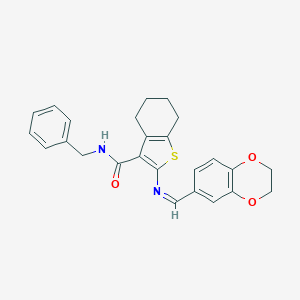 molecular formula C25H24N2O3S B301524 N-benzyl-2-[(2,3-dihydro-1,4-benzodioxin-6-ylmethylene)amino]-4,5,6,7-tetrahydro-1-benzothiophene-3-carboxamide 