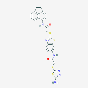 2-[(5-amino-1,3,4-thiadiazol-2-yl)sulfanyl]-N-[2-[2-(1,2-dihydroacenaphthylen-5-ylamino)-2-oxoethyl]sulfanyl-1,3-benzothiazol-6-yl]acetamide