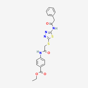 molecular formula C21H20N4O4S2 B3015272 Ethyl 4-[[2-[[5-[(2-phenylacetyl)amino]-1,3,4-thiadiazol-2-yl]sulfanyl]acetyl]amino]benzoate CAS No. 392293-03-7