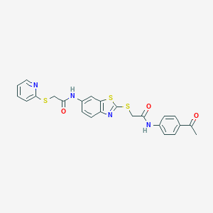 molecular formula C24H20N4O3S3 B301528 N-[2-[2-(4-acetylanilino)-2-oxoethyl]sulfanyl-1,3-benzothiazol-6-yl]-2-pyridin-2-ylsulfanylacetamide 