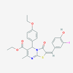 molecular formula C25H23IN2O5S B301536 ethyl 5-(4-ethoxyphenyl)-2-(4-hydroxy-3-iodobenzylidene)-7-methyl-3-oxo-2,3-dihydro-5H-[1,3]thiazolo[3,2-a]pyrimidine-6-carboxylate 
