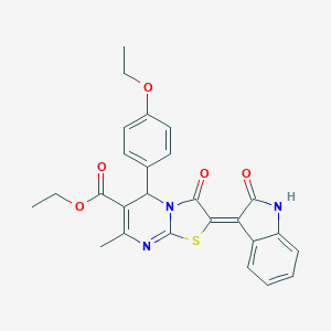 molecular formula C26H23N3O5S B301538 ethyl 5-(4-ethoxyphenyl)-7-methyl-3-oxo-2-(2-oxo-1,2-dihydro-3H-indol-3-ylidene)-2,3-dihydro-5H-[1,3]thiazolo[3,2-a]pyrimidine-6-carboxylate 