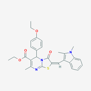 molecular formula C29H29N3O4S B301539 ethyl 2-[(1,2-dimethyl-1H-indol-3-yl)methylene]-5-(4-ethoxyphenyl)-7-methyl-3-oxo-2,3-dihydro-5H-[1,3]thiazolo[3,2-a]pyrimidine-6-carboxylate 