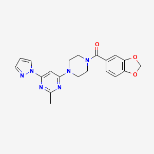 molecular formula C20H20N6O3 B3015421 苯并[d][1,3]二氧杂-5-基(4-(2-甲基-6-(1H-吡唑-1-基)嘧啶-4-基)哌嗪-1-基)甲酮 CAS No. 1170833-21-2