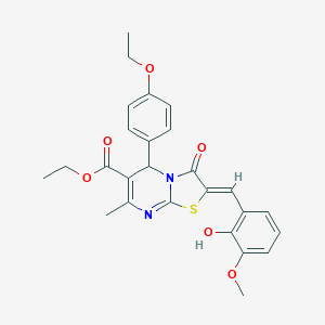 molecular formula C26H26N2O6S B301546 ethyl 5-(4-ethoxyphenyl)-2-(2-hydroxy-3-methoxybenzylidene)-7-methyl-3-oxo-2,3-dihydro-5H-[1,3]thiazolo[3,2-a]pyrimidine-6-carboxylate 
