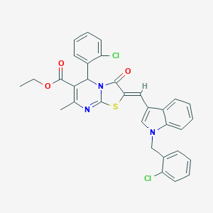 molecular formula C32H25Cl2N3O3S B301547 ethyl 2-{[1-(2-chlorobenzyl)-1H-indol-3-yl]methylene}-5-(2-chlorophenyl)-7-methyl-3-oxo-2,3-dihydro-5H-[1,3]thiazolo[3,2-a]pyrimidine-6-carboxylate 