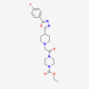 molecular formula C22H28FN5O4 B3015471 Ethyl 4-(2-(4-(5-(4-fluorophenyl)-1,3,4-oxadiazol-2-yl)piperidin-1-yl)acetyl)piperazine-1-carboxylate CAS No. 1331341-20-8