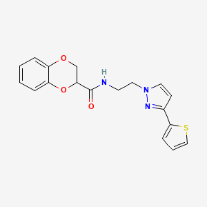molecular formula C18H17N3O3S B3015489 N-(2-(3-(thiophen-2-yl)-1H-pyrazol-1-yl)ethyl)-2,3-dihydrobenzo[b][1,4]dioxine-2-carboxamide CAS No. 1448054-11-2
