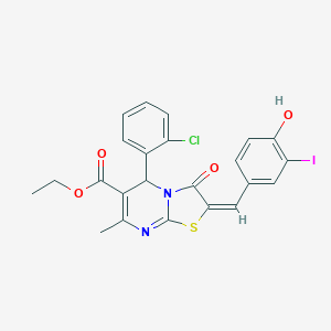 molecular formula C23H18ClIN2O4S B301550 ethyl 5-(2-chlorophenyl)-2-(4-hydroxy-3-iodobenzylidene)-7-methyl-3-oxo-2,3-dihydro-5H-[1,3]thiazolo[3,2-a]pyrimidine-6-carboxylate 